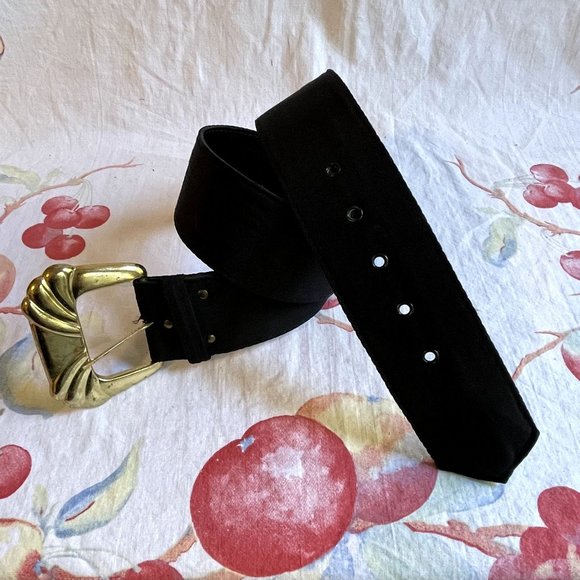 Black Grosgrain Fabric Covered Belt with Gold Buckle 2" Wide 28-32" Length L - Picture 2 of 2